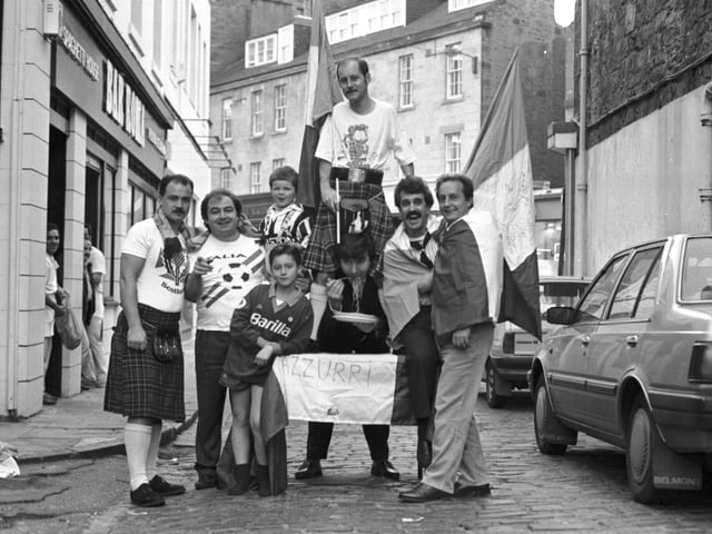 Some of the staff from Italian restaurant Bar Roma in Edinburgh, wearing kilts to support Scotland in the World Cup 1990.