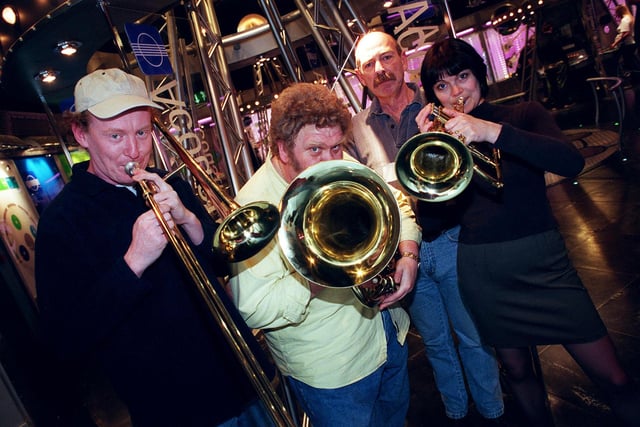 The cast of Brassed Off in the centre's acoustic section in 1999 - Steve Hewison, who plays Phil, Bill Rodgers, who plays Harry, Dennis Lill, who plays Danny the conductor and Loveday Smith who plays Gloria.