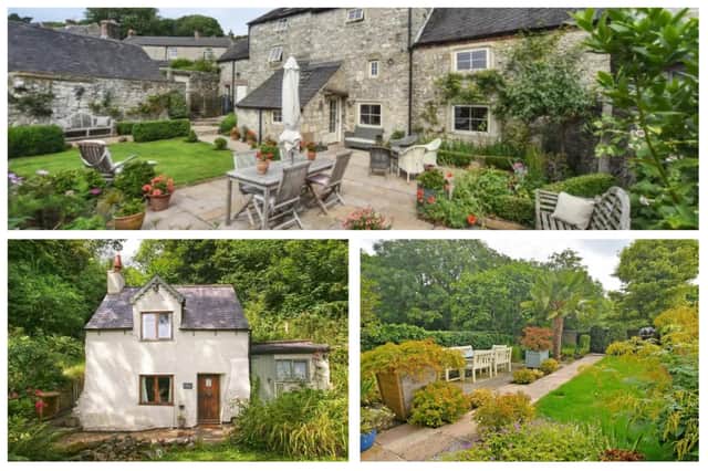 Homes with beautiful gardens in Brassington, Bakewell and Matlock, clockwise from top, are on the market.