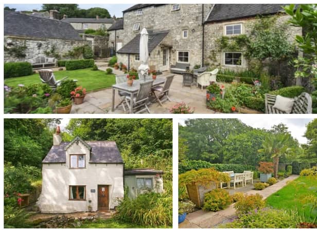 Homes with beautiful gardens in Brassington, Bakewell and Matlock, clockwise from top, are on the market.