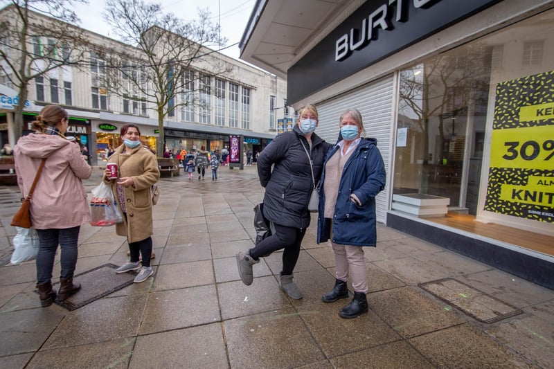 Lorraine Magnusson and Pauline Wadey queuing to shop at Primark, Commercial Road, Portsmouth on 12 April 2021. Picture: Habibur Rahman