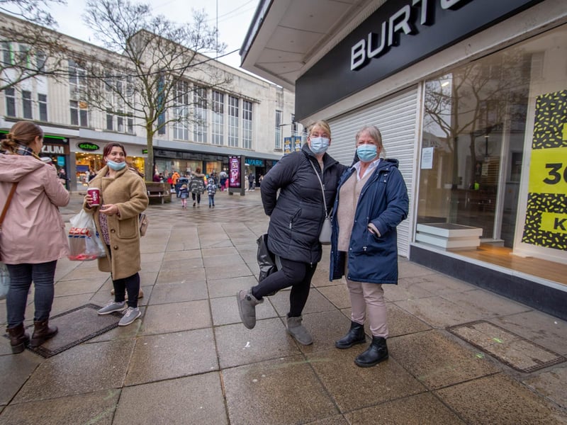 Lorraine Magnusson and Pauline Wadey queuing to shop at Primark, Commercial Road, Portsmouth on 12 April 2021. Picture: Habibur Rahman