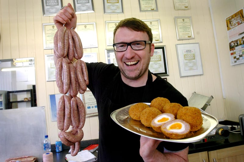 Award winning East Boldon butcher Gordon Robson with his prize winning sausages and runny yolk scotch eggs 8 years ago.