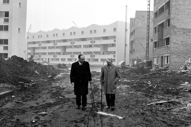 Councillor Theurer inspecting the new houses in West Pilton in January 1966.