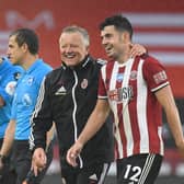 Sheffield United manager Chris Wilder celebrates with match winner John Egan after his injury-time goal helped secure a 1-0 win over Wolverhampton Wanderers at Bramall Lane. (Photo by Peter Powell/Pool via Getty Images)