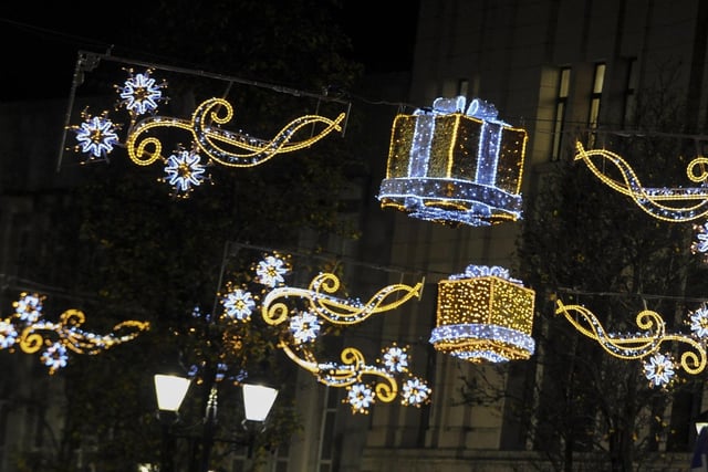 Doncaster town centre lit up by the festive light decorations