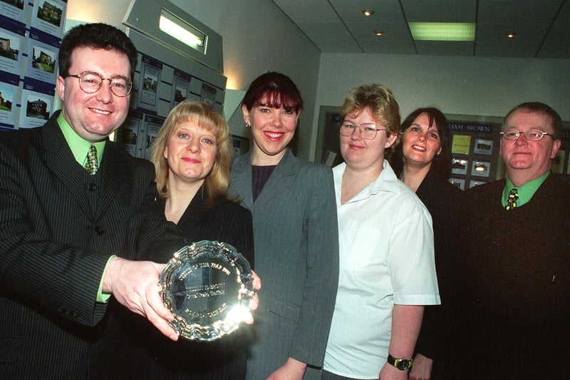 Staff at W.H.BROWN ,Estate Agents,Crystal Peaks with their Sheffield Telegraph award in 1999, L to R Philip Elliott ,Branch Manager, Jane Brown, Kim Bartholomew, Mary Bodkin, Suzanne Middleton and David Mosley