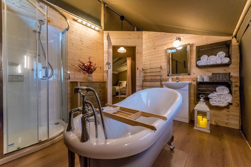 The staycation comes with a roll top bath which looks out over the woodland views.
