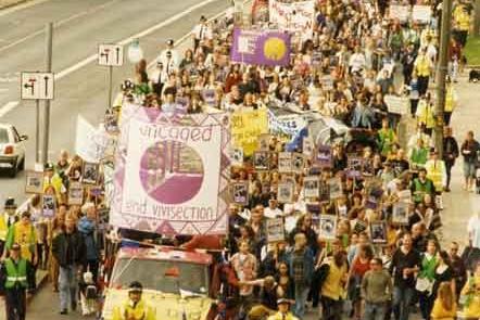 Anti-vivisection marchers on Charter Row, June 1997.