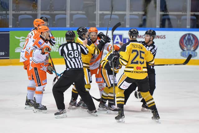 Confrontation at the Steelers goal Pic by Dean Woolley
