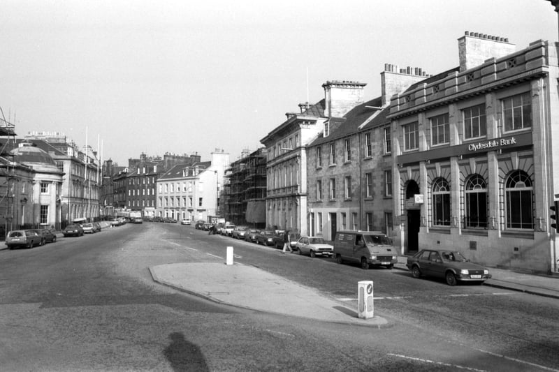 Exterior of newly-refurbished buildings in Bernard Street Leith in April 1984.