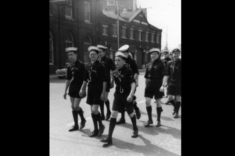 Some of the Sea Scouts in a Trafalgar Day parade in 1961