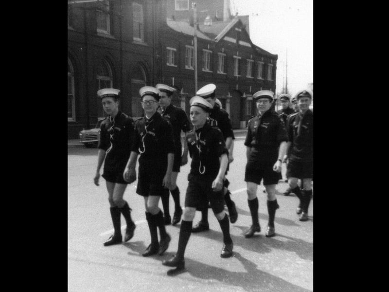 Some of the Sea Scouts in a Trafalgar Day parade in 1961