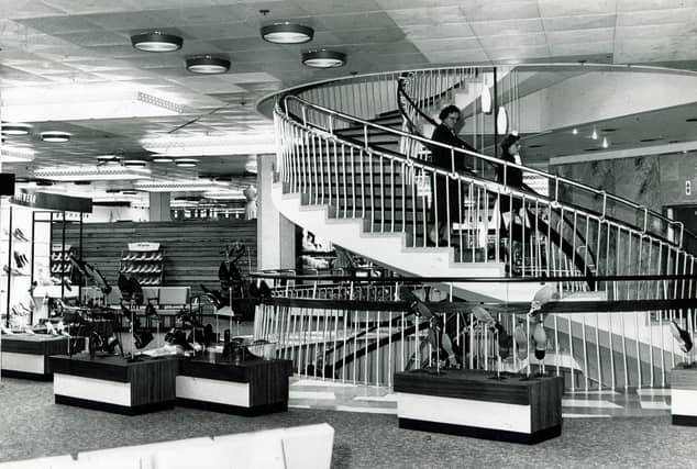 The famous spiral staircase in the Brightside & Carbrook Co-op Store, Castle House, Sheffield, in 1964