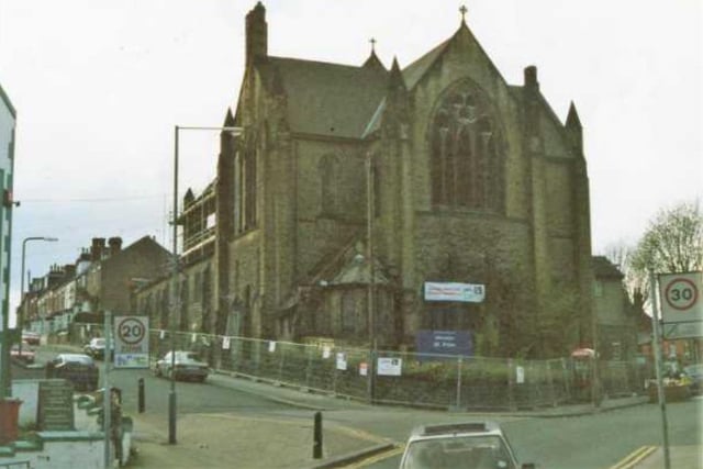 The demolition of St Peter CofE Church, on Machon Bank, in Nether Edge, Sheffield, in 2003