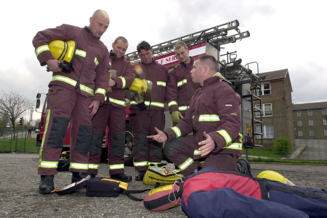 Leading firefighter John Hardcastle game a demonstration with the resuscitation equipment and the new defibrillator at theMansfield Road fire station, Intake, Sheffield in 2000