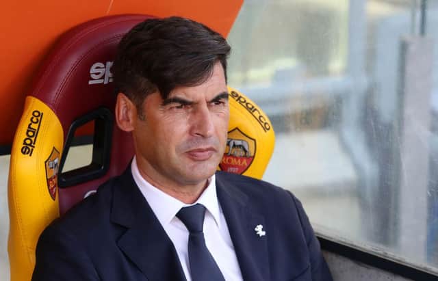 ROME, ITALY - MAY 09: Paulo Fonseca, Head Coach of Roma  looks on prior to the Serie A match between AS Roma  and FC Crotone at Stadio Olimpico on May 09, 2021 in Rome, Italy. Sporting stadiums around Italy remain under strict restrictions due to the Coronavirus Pandemic as Government social distancing laws prohibit fans inside venues resulting in games being played behind closed doors. (Photo by Paolo Bruno/Getty Images)