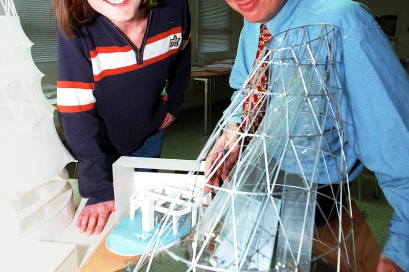 Penelope Mawson, head of interpretation and Mike Davies, environmental engineer, Farley-McGrath Consulting Engineers look over a model of Future Works.
