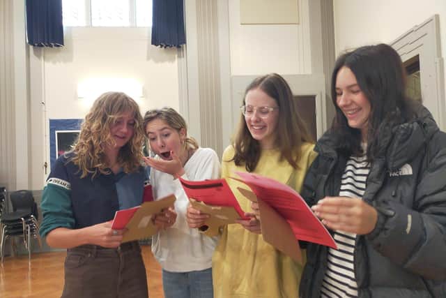 Maya Seligman, Lucy Rowland, Hazel Platts and Joanna Stopford celebrate their results at High Storrs School after an anxious two years studying largely at home.