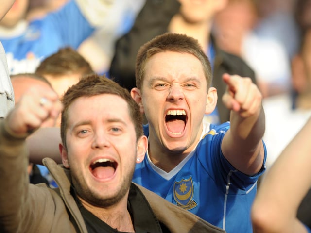Pompey fans celebrate the win.
