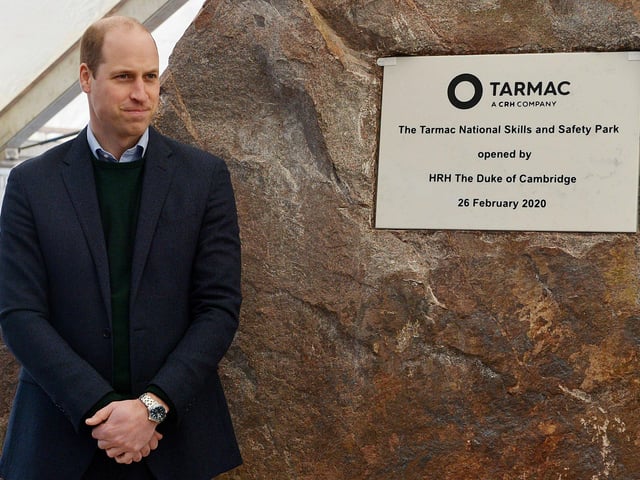 The Duke of Cambridge visits Tarmac's national skills and safety park to officially open the centre. The Duke of Cambridge unveil's the plaque.
