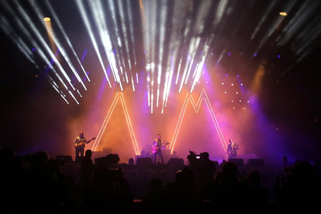 The Arctic Monkeys perform on the Pyramid Stage at the Glastonbury Festival on June 28, 2013