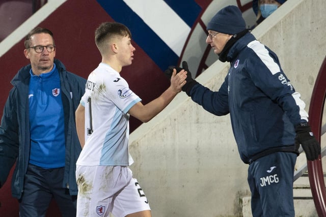 Kai Kennedy is congratulated after being subbed by Raith Rovers manager John McGlynn.