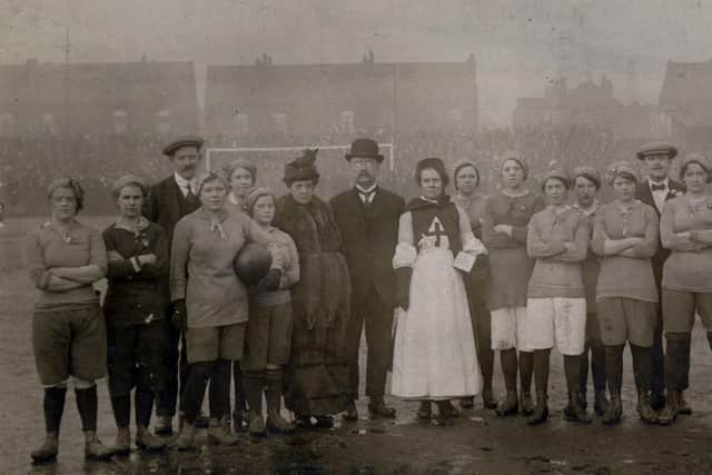 Messrs Vickers Ltd., women munition workers football team charity match. 
Almost 10,000 watched the game, raising £100 for the Wounded Soldiers Fund from ticket sales.