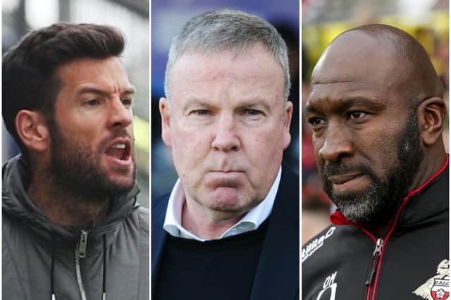 From left: Rochdale manager Brian Barry-Murphy, Pompey boss Kenny Jackett and Doncaster chief Darren Moore