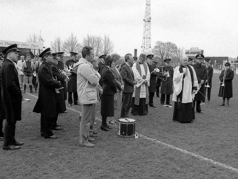 Stags hold a Hillsborough service at Field Mill after the disaster at Sheffield Wednesday v Forest.