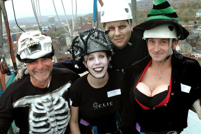 A charity Halloween abseil down the side of the Hotel Bristol in aid of the Kids Cancer charity was held on October 31, 2004
Pictured left to right:'Skeleton' - Keith Tomlinson, 'Medusa' - Adele Robertson, 'Frankenstein' - Andrew Robertson, and Witch' - Neil Cawthorne
