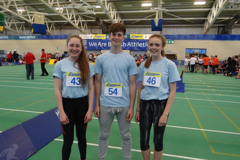 Emily Race, Nathan Langley and Sophie Mills are pictured representing Worksop Harriers at a meet.