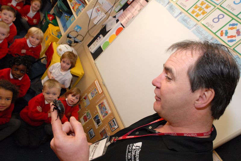 These Harton Infants School pupils were enthralled when the Discovery Zoo came to school in 2010.
