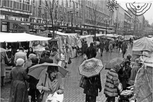 Christmas Shopping at the Outdoor Market on The Moor, 1980.