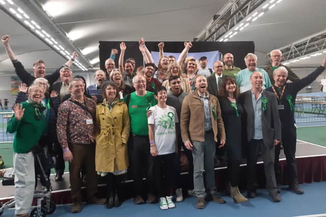 Sheffield Green Party councillors and supporters celebrating their results at the Sheffield City Council May 2024 elections. Picture: Julia Armstrong, LDRS