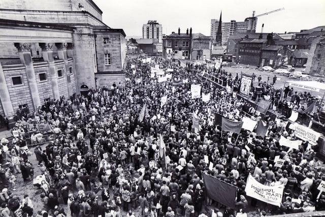 A crowd of around 15,000 people attend a rate-capping rally outside Sheffield City Hall on March 7, 1985. It was one of a number of protests against the Government's decision to restrict council spending.