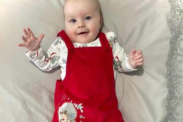 Evelyn Ann looking very smart in her Tatty Teddy Christmas outfit.