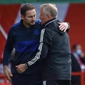 Chelsea's head coach Frank Lampard (L) and Sheffield United's manager Chris Wilder (R) chat on the touchline after the English Premier League football match between Sheffield United and Chelsea at Bramall Lane in Sheffield: RUI VIEIRA/POOL/AFP via Getty Images