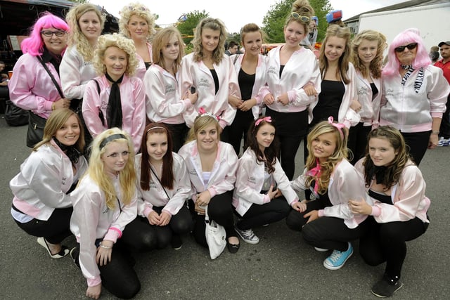Myers Grove School's last day 'Grease' themed fancy dress fun fair...pictured are staff and pupils dressed as 'Pink Ladies', July 2011
