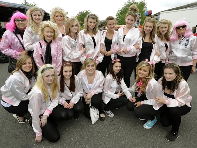 Myers Grove School's last day 'Grease' themed fancy dress fun fair...pictured are staff and pupils dressed as 'Pink Ladies', July 2011