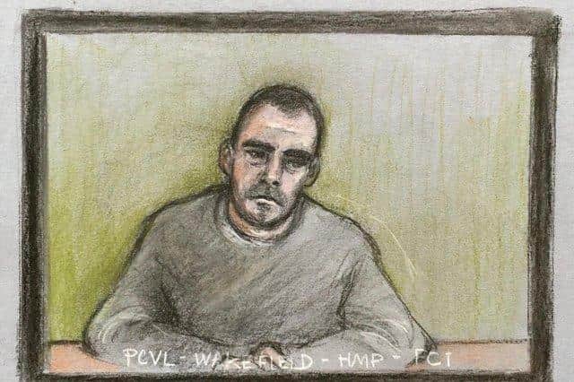 Court artist sketch by Elizabeth Cook of Damien Bendall, of Chandos Crescent, Killamarsh, who is accused of murder ( Photo credit should read: Elizabeth Cook/PA Wire)