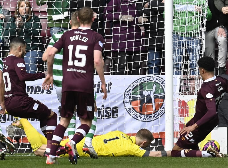 Celtic stopper Joe Hart makes a crucial save at his near post to deny Heads defender James Hill and preserve lead after doing well to stop Tony Sibbick’s initial effort.