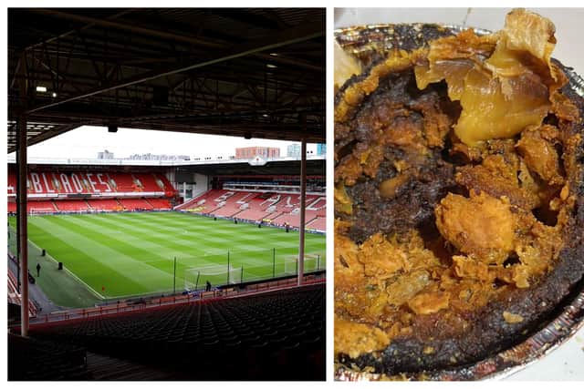Fans were not impressed with this balti pie which was served to one supporter at Sheffield United's Bramall Lane stadium (pic: Richard Heathcote/Getty Images/@FootyScran)