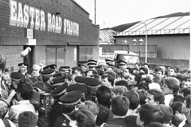 The scene outside Easter Road in the hours after Hearts chairman Wallace Mercer announced a controversial plan to take over Hibs.