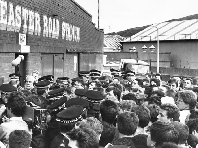 The scene outside Easter Road in the hours after Hearts chairman Wallace Mercer announced a controversial plan to take over Hibs.