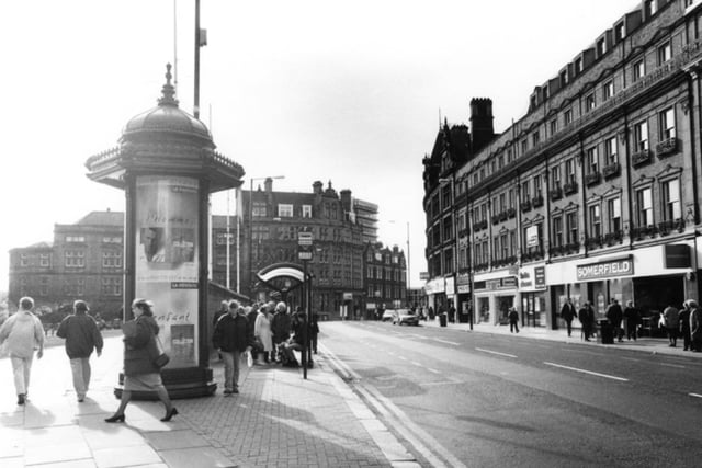 Pinstone Street, in Sheffield city centre, in February 1997, including the old Somerfields supermarket