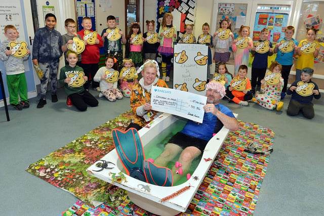 In November, Julian Fieldwick, headteacher at Mansfield's Intake Farm Primary School took a bath in a tub of cold slime for Children in Need.