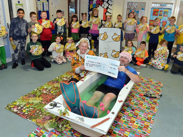 In November, Julian Fieldwick, headteacher at Mansfield's Intake Farm Primary School took a bath in a tub of cold slime for Children in Need.