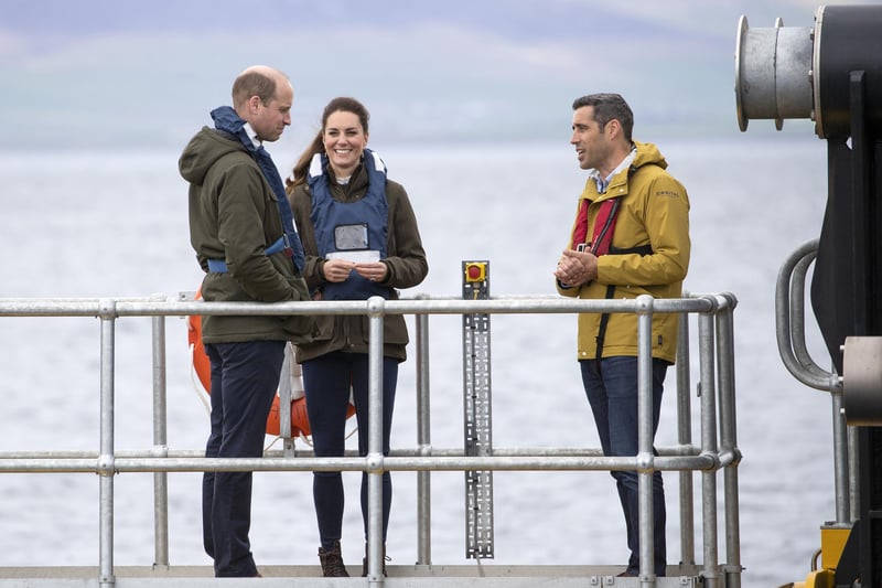 Prince William and Kate on board the Orbital Marine Power tidal energy turbine at the European Marine Energy Centre, Orkney, to learn about Orkney's push for carbon zero and hydrogen power.