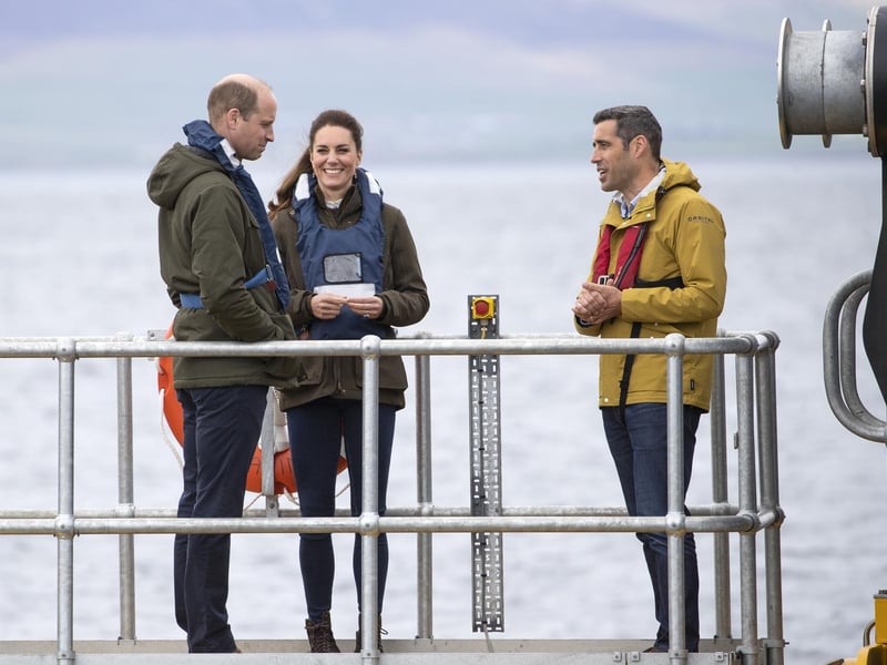 Prince William and Kate on board the Orbital Marine Power tidal energy turbine at the European Marine Energy Centre, Orkney, to learn about Orkney's push for carbon zero and hydrogen power.